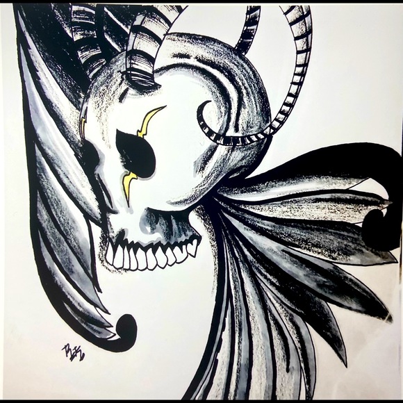 Lustre Glossy Horned & Wings Skull Art Print